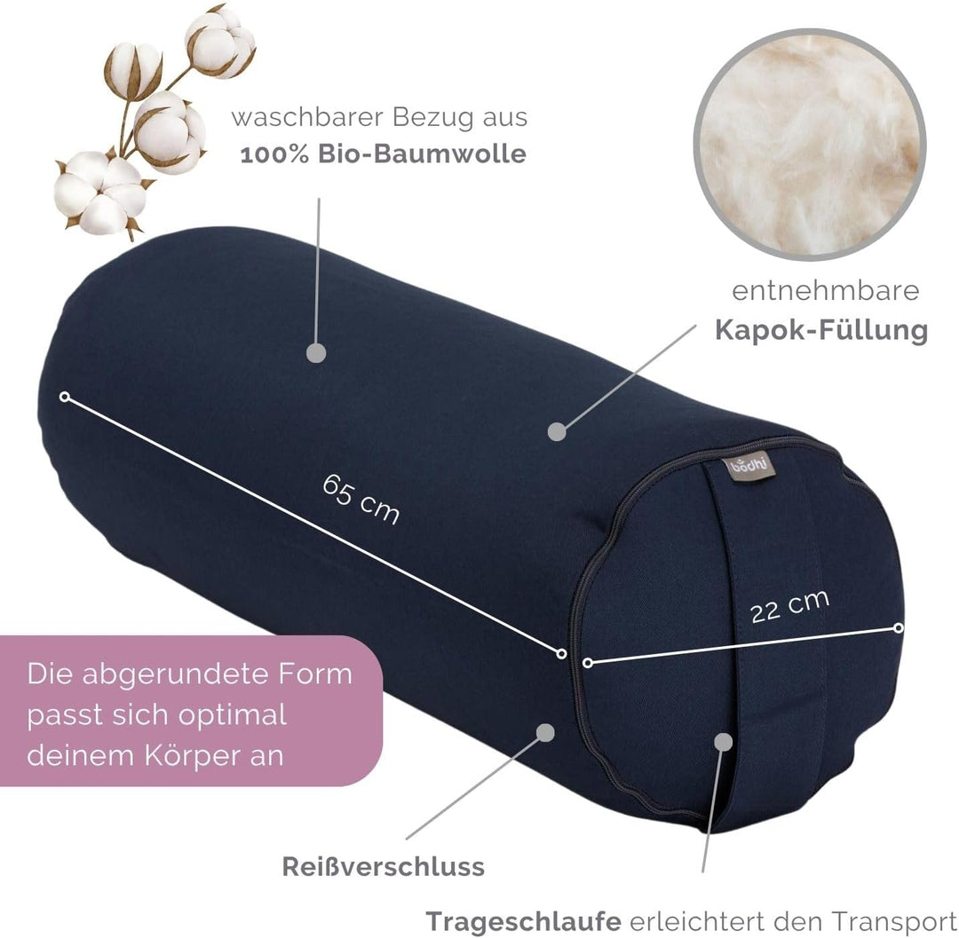 Bodhi Yoga Bolster | ECO Serie | Yogarolle mit Kapok-Füllung | Waschbarer Bezug aus 100% Bio-Baumwol