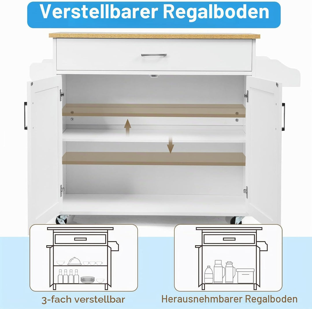 KOMFOTTEU Küchenwagen Servierwagen mit Arbeitsplatte, Küchenschrank Holz mit Rollen, Kücheninsel küc