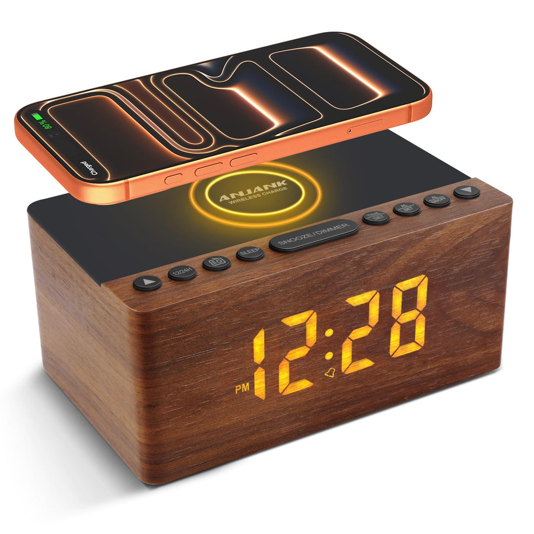 ANJANK Digitaler Radiowecker aus Holz mit Kabelloser Ladestation，10W Fast Wireless Charger for iPhon