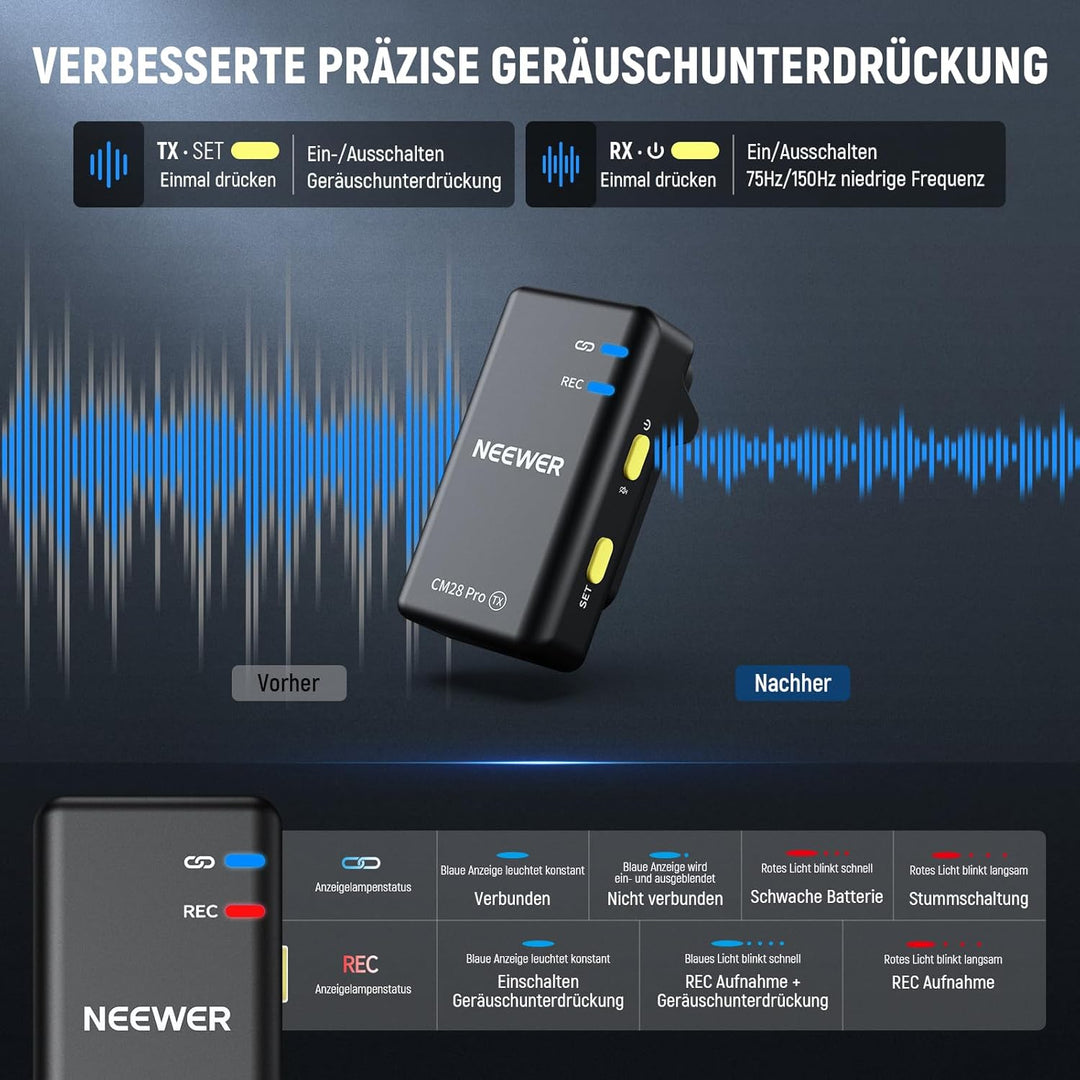 NEEWER CM28 PRO Drahtloses Lavalier Mikrofon + Ladekoffer & Reinigungstuch, Rauschunterdrückung 9 St