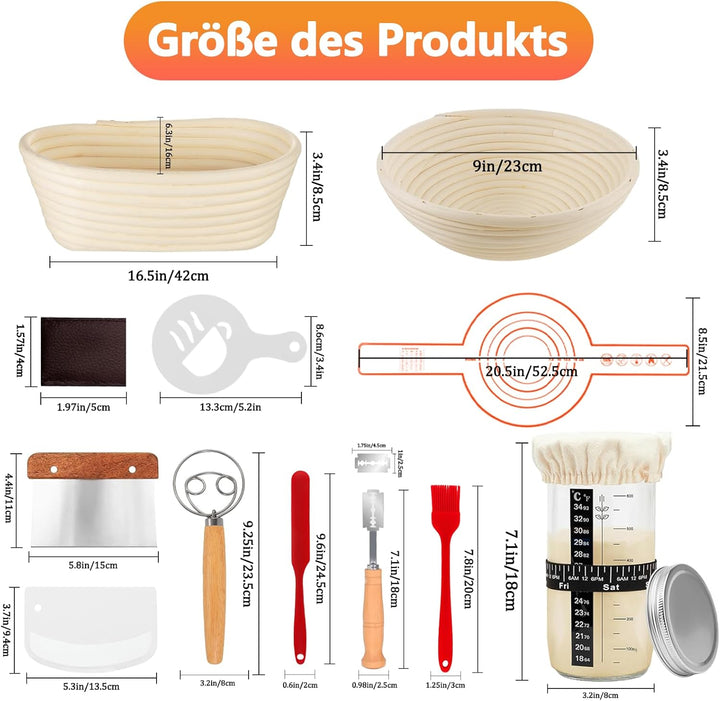 Foonary Gärkörbchen Sauerteig Starter Set 12-teilig-Sauerteig Starter Kit mit 2 Gärkörbchen (23+25cm