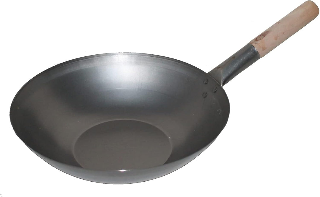 AAF Nommel ®, Wok Pfanne ca. Ø 33 cm flacher Boden für Gas, Induktion, Ceran und Elektro, mit Holzgr