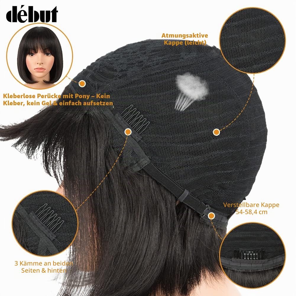 DÉBUT Echthaar Perücke mit Pony kurz Perücke Bob Pixie 10A brasilianisches Virgin Remy Hair 20cm 103