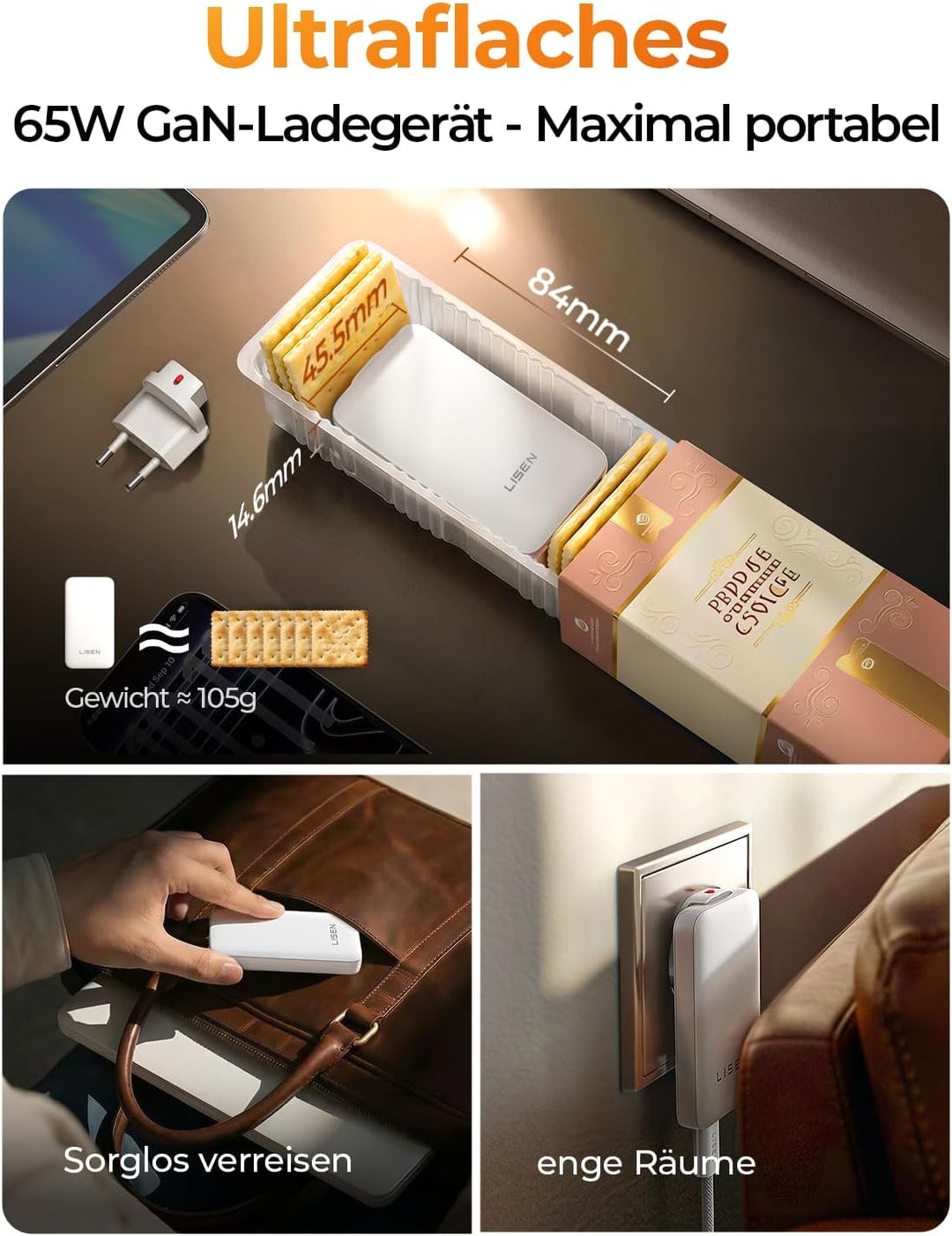 LISEN [Super Schnellladen 3.0] 65 Watt USB C Ladegerät für Samsung Galaxy S26 Ultra, GaN Schnelllade