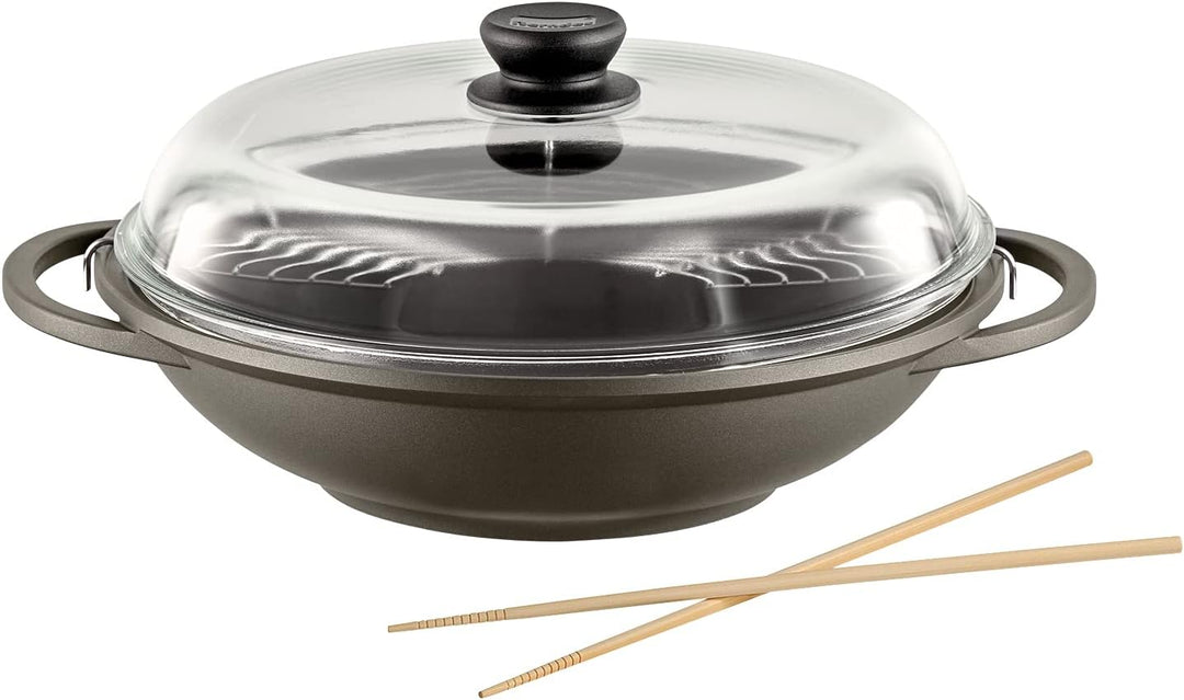 Berndes Classics Wok Bonanza 32 cm, Wokpfanne mit Glasdeckel und Stäbchen, 3-lagiger Antihaftversieg