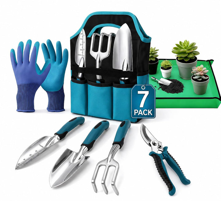 Gartenwerkzeug-Set 7 Stück, Ergonomische Gartenwerkzeuge mit Anti-Rutsch-Griff, Rostfrei, aus Alumin