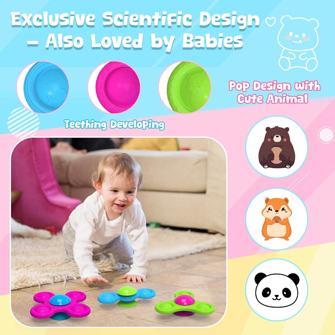 Guibola Saugnapf Spielzeug Baby 3 Stück Sensorik Spinner Baby Tierdruckmuster 10 Monate+ Silikon Bad