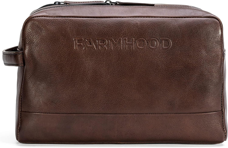 FARMHOOD Memphis Damen/Herren XL Leder Kulturbeutel | mit 2 Hauptfächern | Kosmetiktasche 30 cm Dark