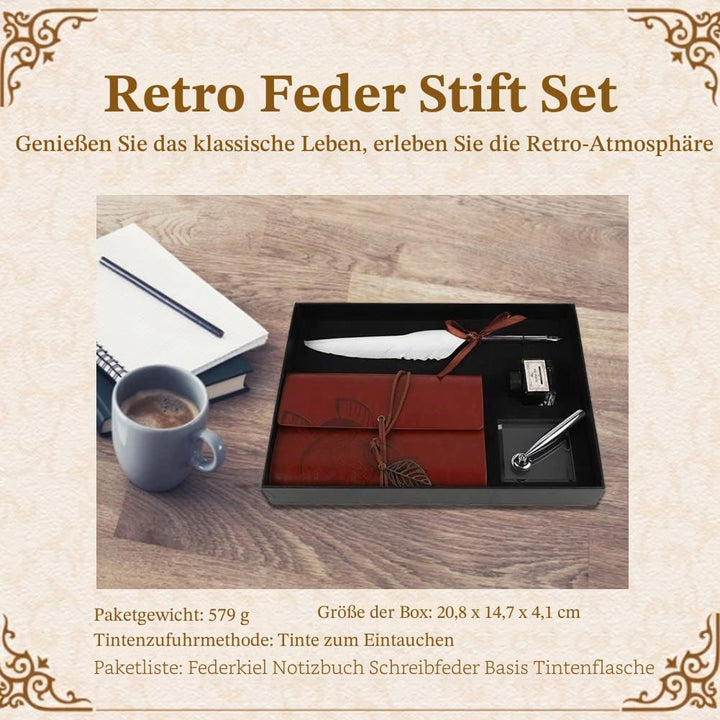 Feather Quill Pen Set, Retro Leder Notizbuch Feather Dip Pen Tintenflasche Set Briefpapier Geschenkb
