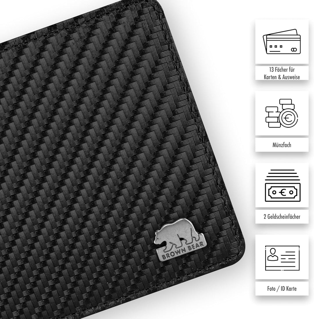 BROWN BEAR Geldbörse Herren Leder mit Münzfach gross | Schwarz Carbon | RFID-Schutz | Echtleder Port