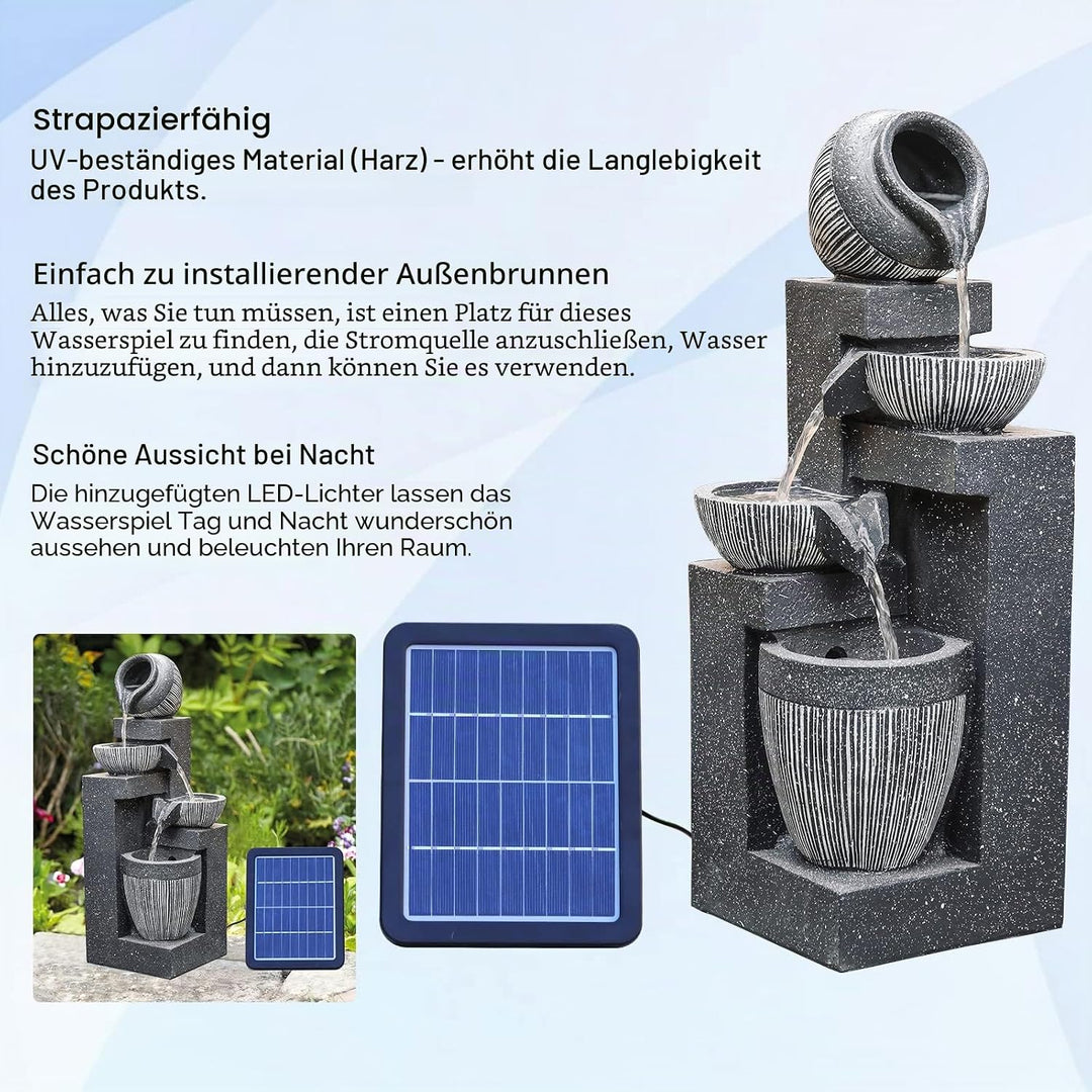 BTGGG Solarbrunnen für Draussen,4-Stufiger Kaskaden Solar Springbrunnen Gartenbrunnen mit LED-Licht