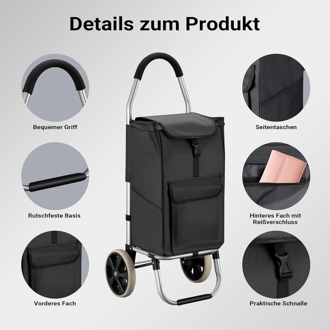 Wiltec Einkaufstrolley klappbar 36,5 x 44 x 103 cm bis 40 kg, Hackenporsche mit Zwei Rädern, Faltbar