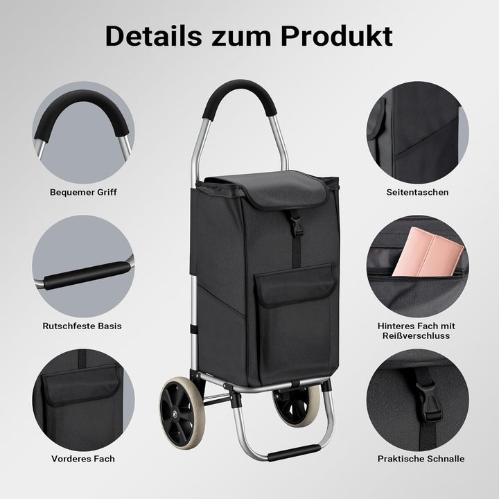 Wiltec Einkaufstrolley klappbar 36,5 x 44 x 103 cm bis 40 kg, Hackenporsche mit Zwei Rädern, Faltbar