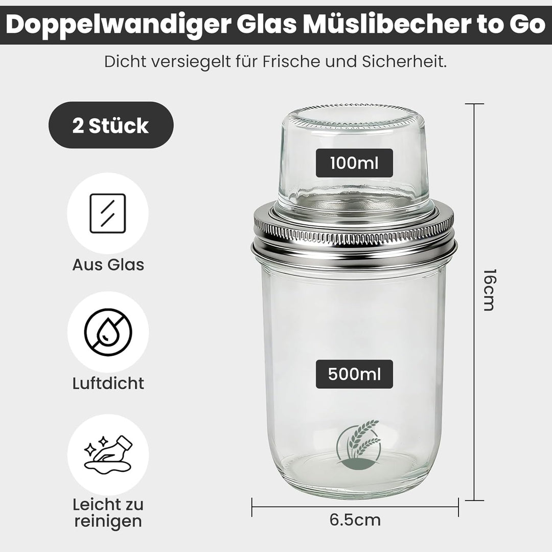 2 Stück Müslibecher to go, 500ml+100ml Joghurtbecher to go, Doppelschicht Auslaufsicherer Overnight