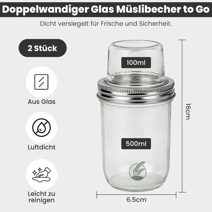 2 Stück Müslibecher to go, 500ml+100ml Joghurtbecher to go, Doppelschicht Auslaufsicherer Overnight