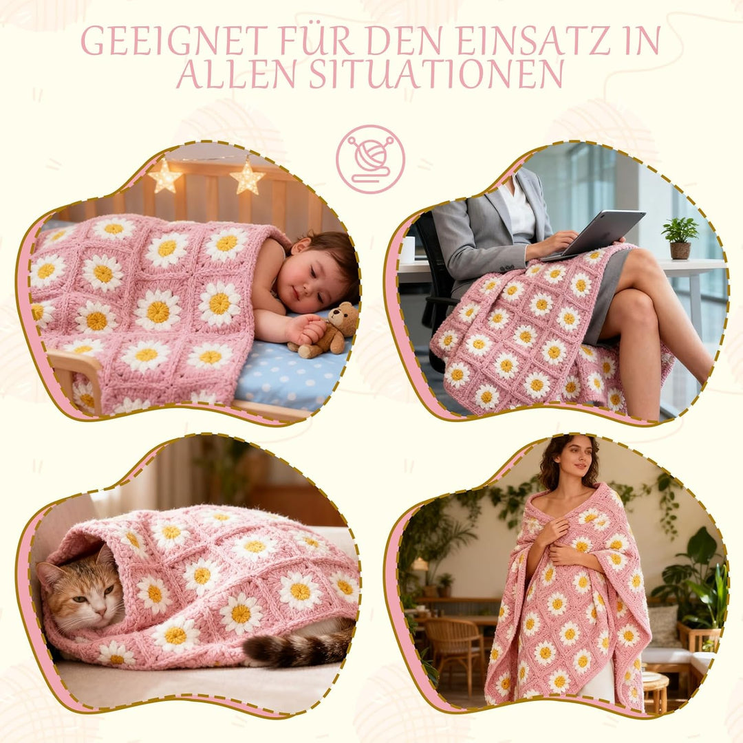CZCMYAU Häkelset für Anfänger,Komplettes Häkeldeckensatz für Erwachsene,Granny Square Decke Häkelsta