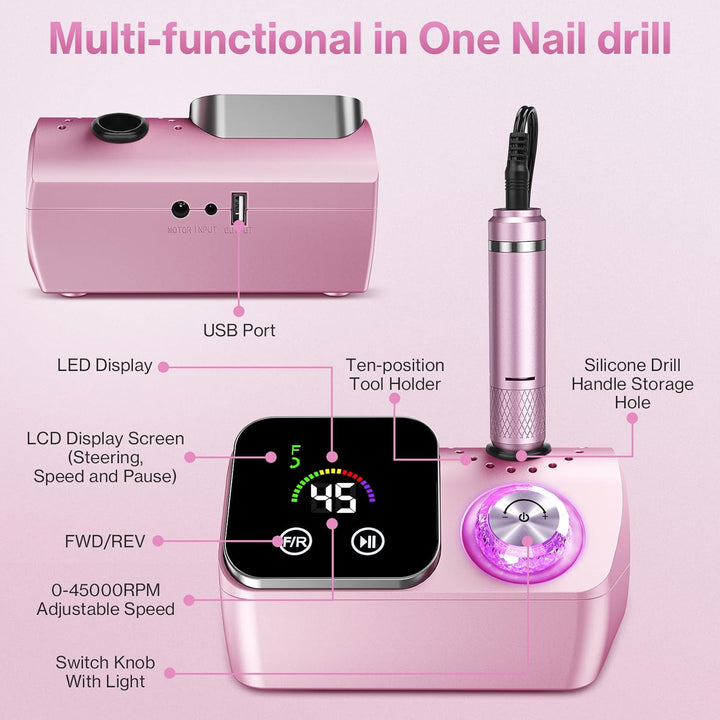 Elektrischer Nagelfeile Nagelfräser für Gelnägel, 45000 U/min Nagelfräser Professioneller mit LCD-An
