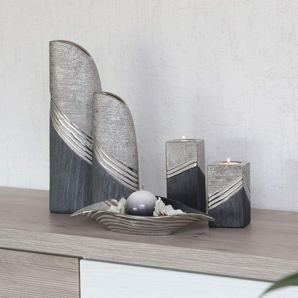 Dekohelden24 Edle Moderne Deko Designer Keramik Vase in Silber-grau, 25 cm Vase 25 cm., Vase 25 cm.