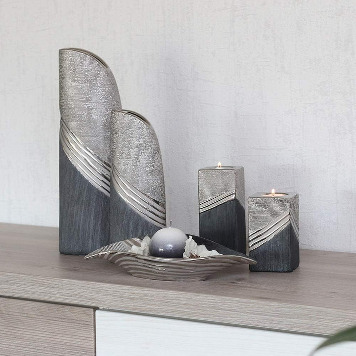 Dekohelden24 Edle Moderne Deko Designer Keramik Vase in Silber-grau, 25 cm Vase 25 cm., Vase 25 cm.
