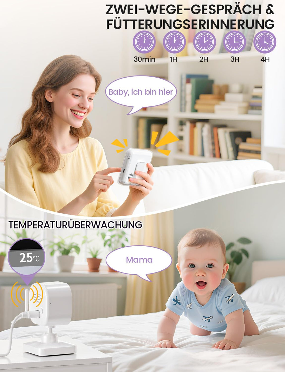 OBVHNUA Baby Monitor Video und Audio 2,8 Zoll 720P LCD IPS 2000mAh USB-C Baby Phone mit digitalem Zo