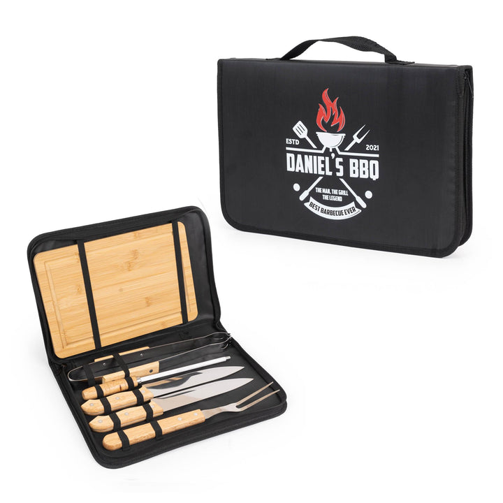 Wanapix | Personalisiertes BBQ-Set | Enthält 6 Ubehörteile (2 Messer, Schärfer, Tranchiermesser,Zang