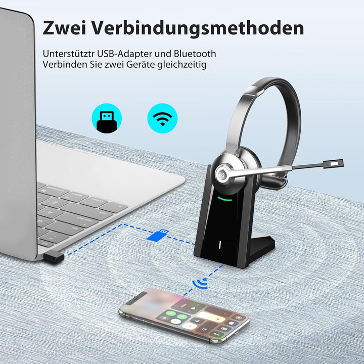 Bluetooth Headset mit Mikrofon，Kabelloses Headset mit USB Dongle & Ladestation, Wireless Office Head