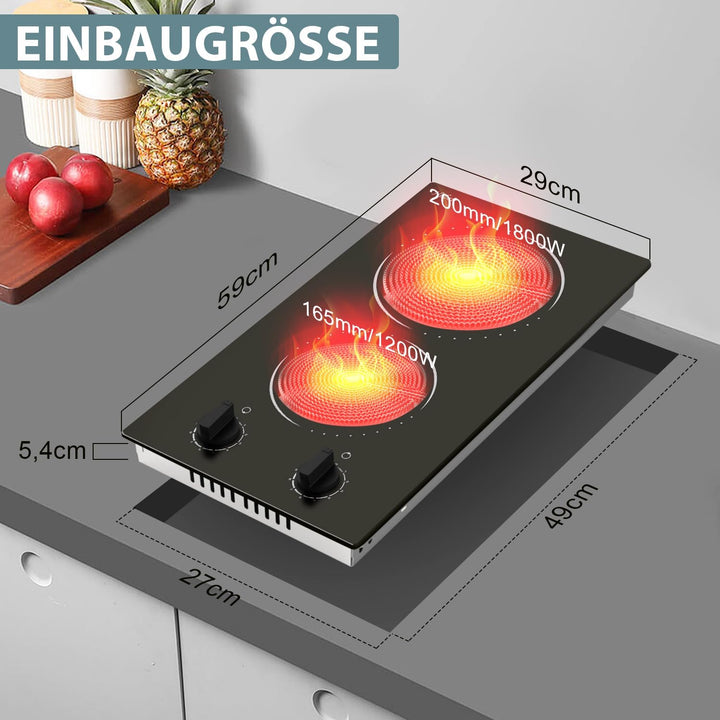 Hobsir Autarkes Glaskeramikkochfeld 2 Platten 30 cm, Elektroherd Eingebautes 2-Zonen-Keramikkochfeld