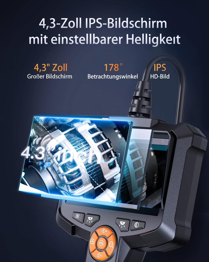 Endoskopkamera mit Licht, AOPICK 4.3" IPS Bildschirm Endoskop mit 20M Halbstarres Kabel, 8mm IP67 wa