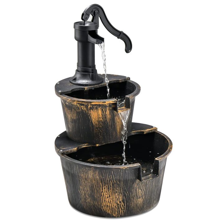 GOPLUS Gartenbrunnen Holz, Springbrunnen Zierbrunnen mit Wasserpumpe, Fassbrunnen Wasserfall, Holzbr