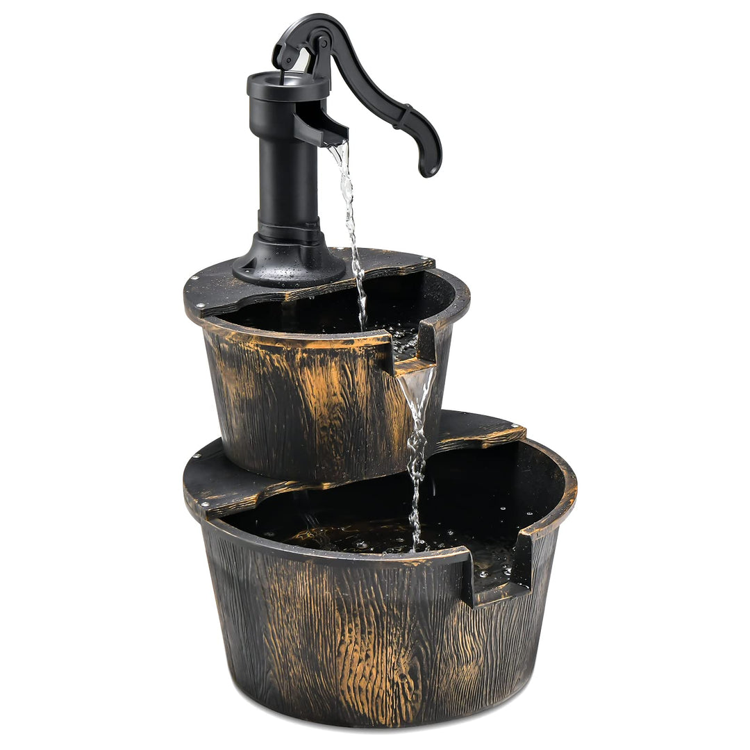 GOPLUS Gartenbrunnen Holz, Springbrunnen Zierbrunnen mit Pumpe, Fassbrunnen Wasserfall, Holzbrunnen