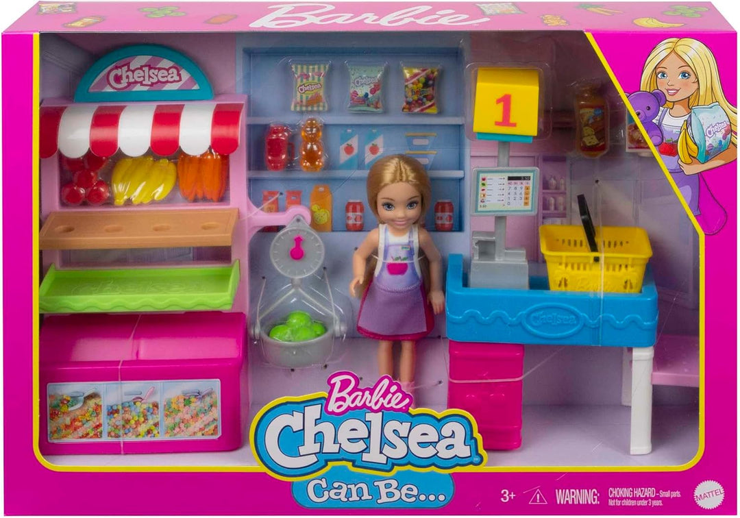 Barbie GTN67 - Chelsea-Karrierepuppe Blonde Chelsea-Puppe und Supermarkt Spielset, Spielzeug ab 3 Ja