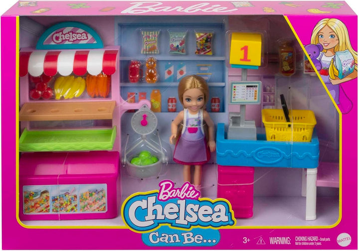 Barbie GTN67 - Chelsea-Karrierepuppe Blonde Chelsea-Puppe und Supermarkt Spielset, Spielzeug ab 3 Ja