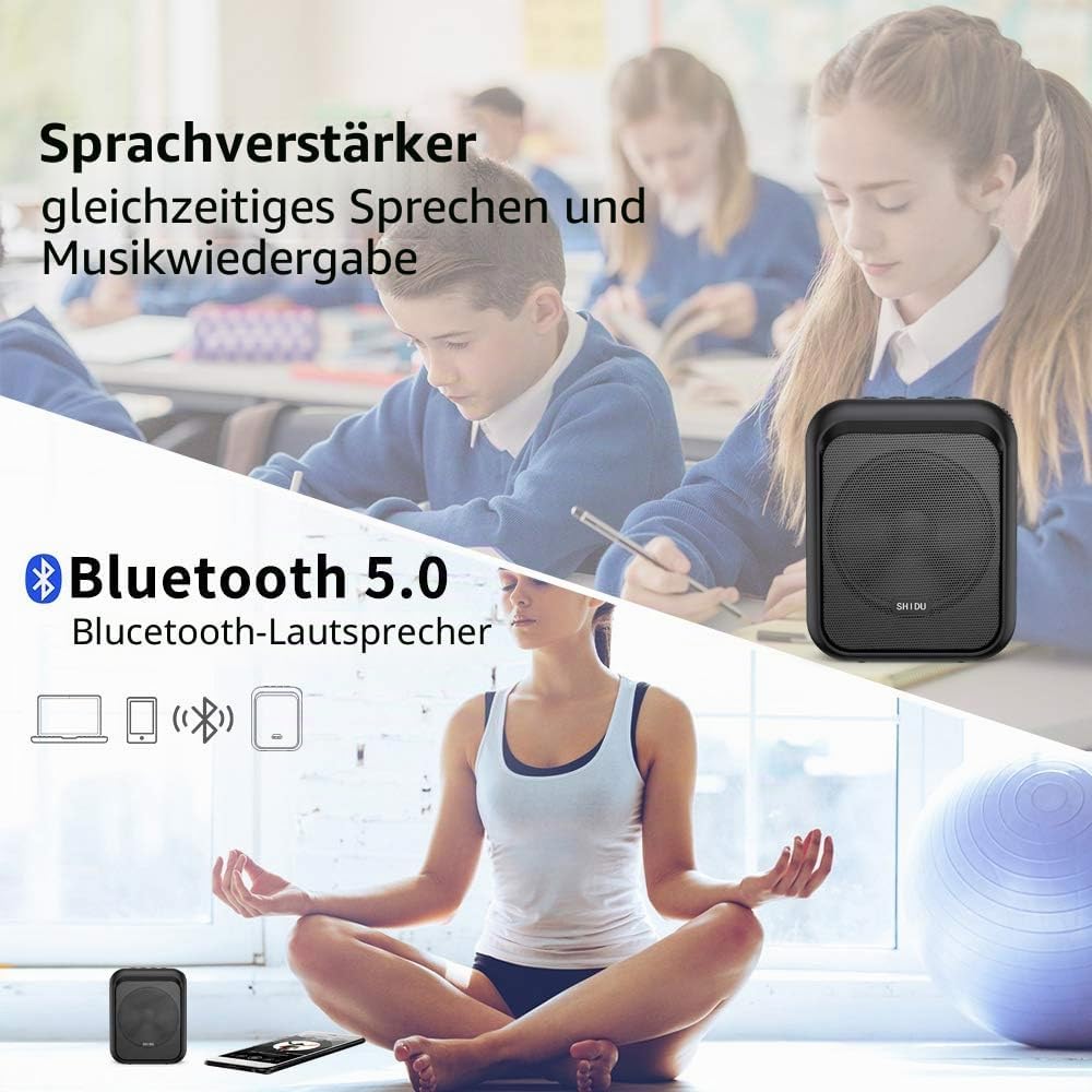 SHIDU Sprachverstärker Tragbarer Bluetooth Lautsprecher mit drahtlosem UHF Mikrofon Headset 10W 1800