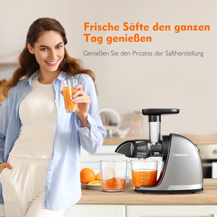 AMZCHEF Slow Juicer Entsafter Gemüse und Obst Profi Entsafter mit Ruhiger Motor & Umkehrfunktion & S