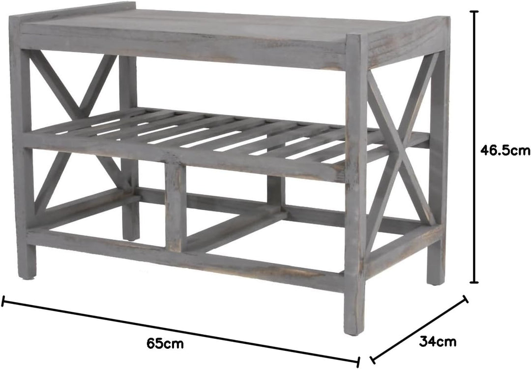 Mendler Schuhregal HWC-C48, Sitzbank Schuhablage, Shabby-Look Vintage 45x65x34cm - grau, Grau
