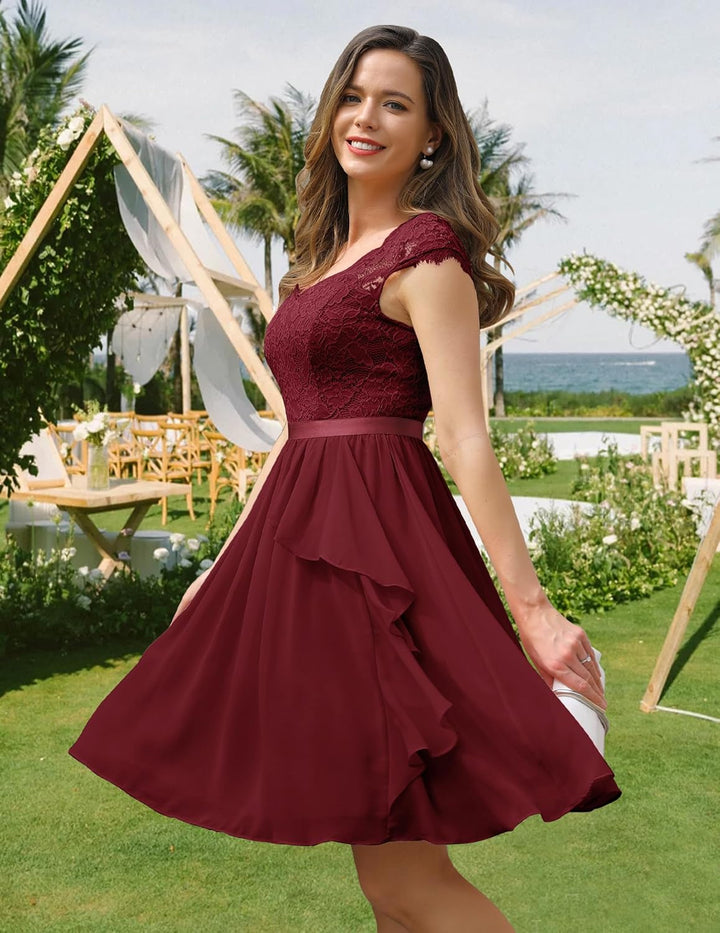 Wedtrend Cocktailkleid Damen Knielang Abendkleid Elegant für Hochzeit Elegant A Linie Rüschenkleid D