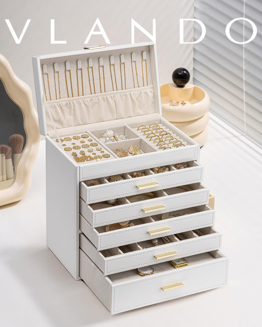 Vlando Schmuckkasten Schmuckschatulle Schmuckkästchen-Gross Schmuckbox-Damen, mit 6 Ebenen Schublade