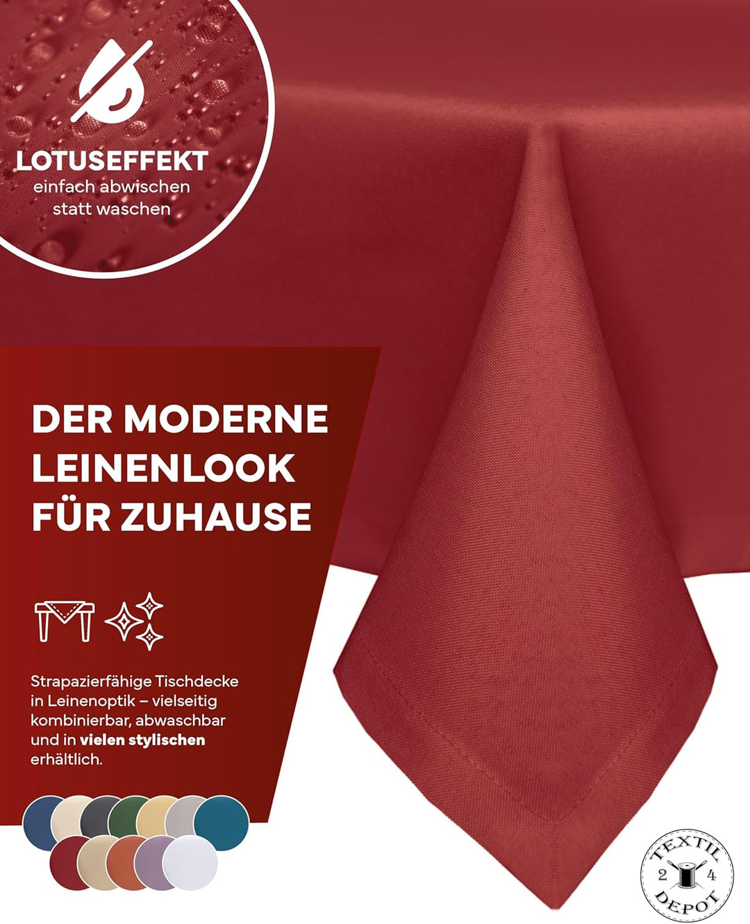 texpot Gartentischdecke 220 cm rund in Rot mit Leinen Optik Lotuseffekt Fleckschutz Bügelfrei Tischd