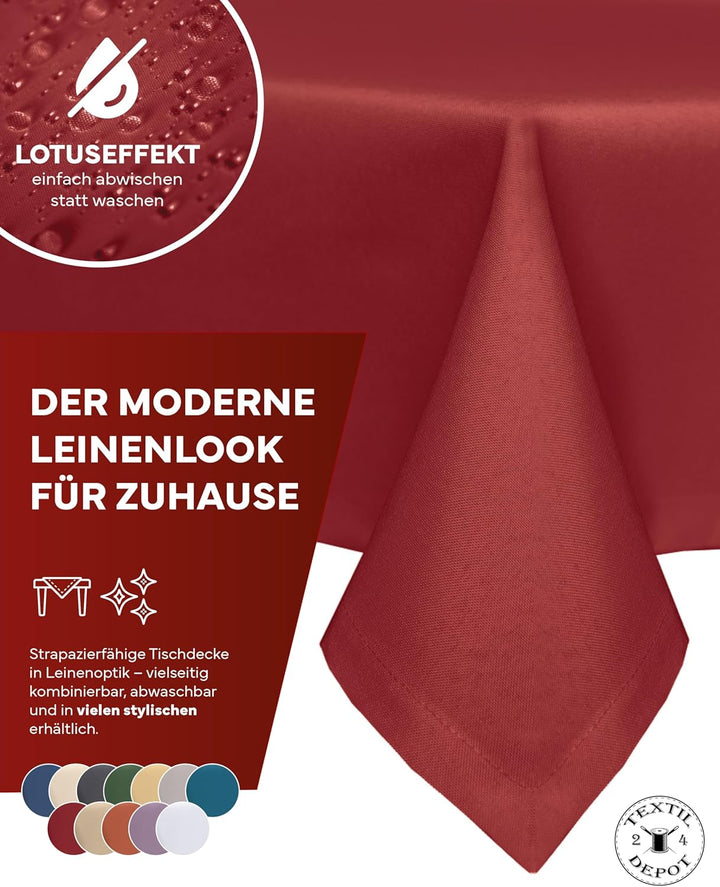 texpot Gartentischdecke 220 cm rund in Rot mit Leinen Optik Lotuseffekt Fleckschutz Bügelfrei Tischd