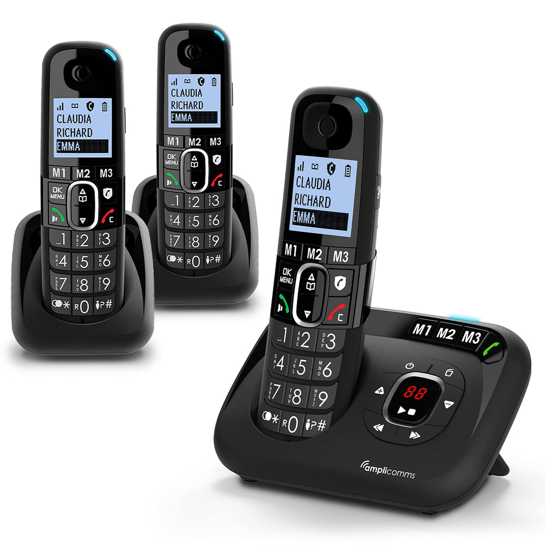 Amplicomms BigTel 1583 Trio schnurloses DECT Grosstasten Telefon, Anrufbeantworter, DREI Mobilteile,