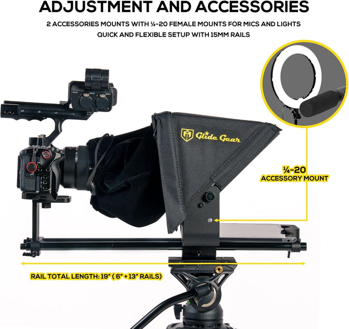 Glide Gear TMP 500 Universal-Videokamera-Stativ, Teleprompter, 15 mm Schienen, mit Tragetasche 15",