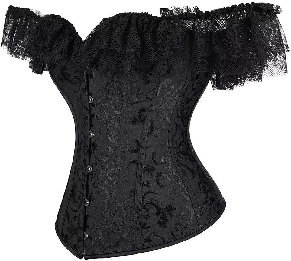Josamogre Schwarz Korsett Damen Corset Top Sexy Corsage Korsage Vollbrust Spitze Lace Ärmel Weg Von