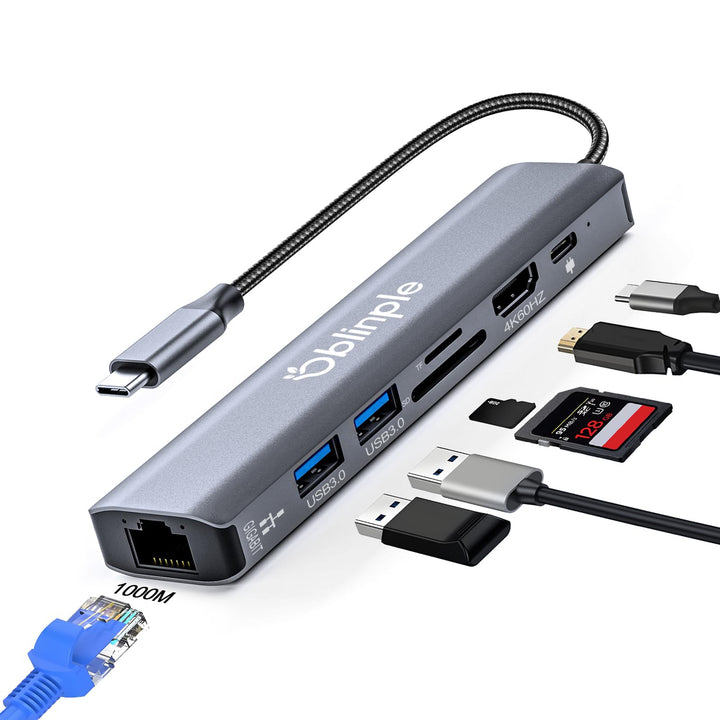 7 in 1 USB C Hub Gigabit Ethernet Adapter mit 4K@60Hz HDMI LAN RJ45 PD100W 2*USB 3.0 SD/TF Kartenles