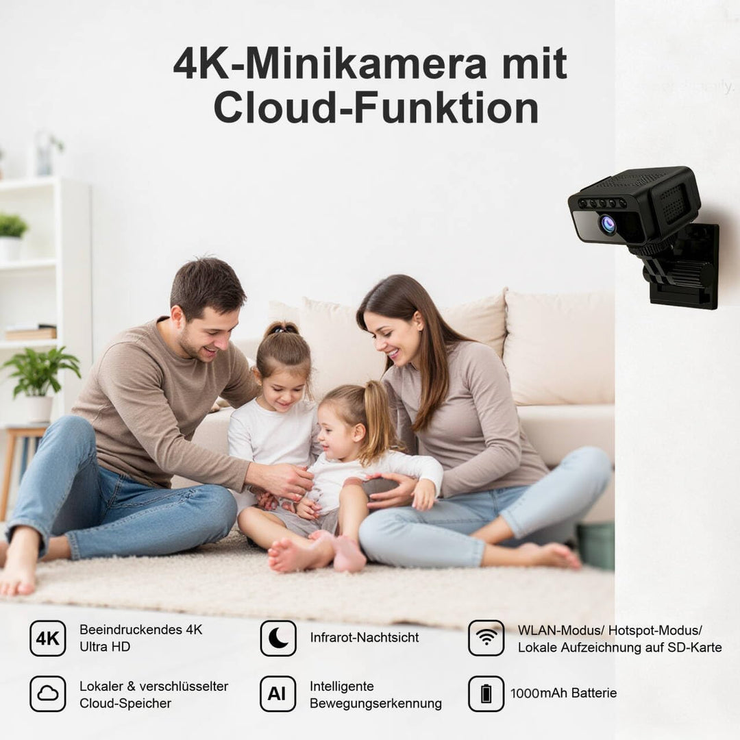 Mini Kamera, 4K WLAN Überwachungskamera Innen Akku mit Netzbetrieb – WLAN Überwachungskamera mit 150