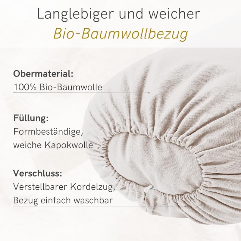 Lotuscrafts Yoga Bolster for Yin Yoga - Yoga Bolster with Kapok Filling - Washable Cotton Cover - Yo