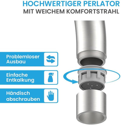 Bächlein Küchenarmatur Plivo (gebürsteter Edelstahl) – Einhand-Spültischbatterie aus Edelstahl mit 3