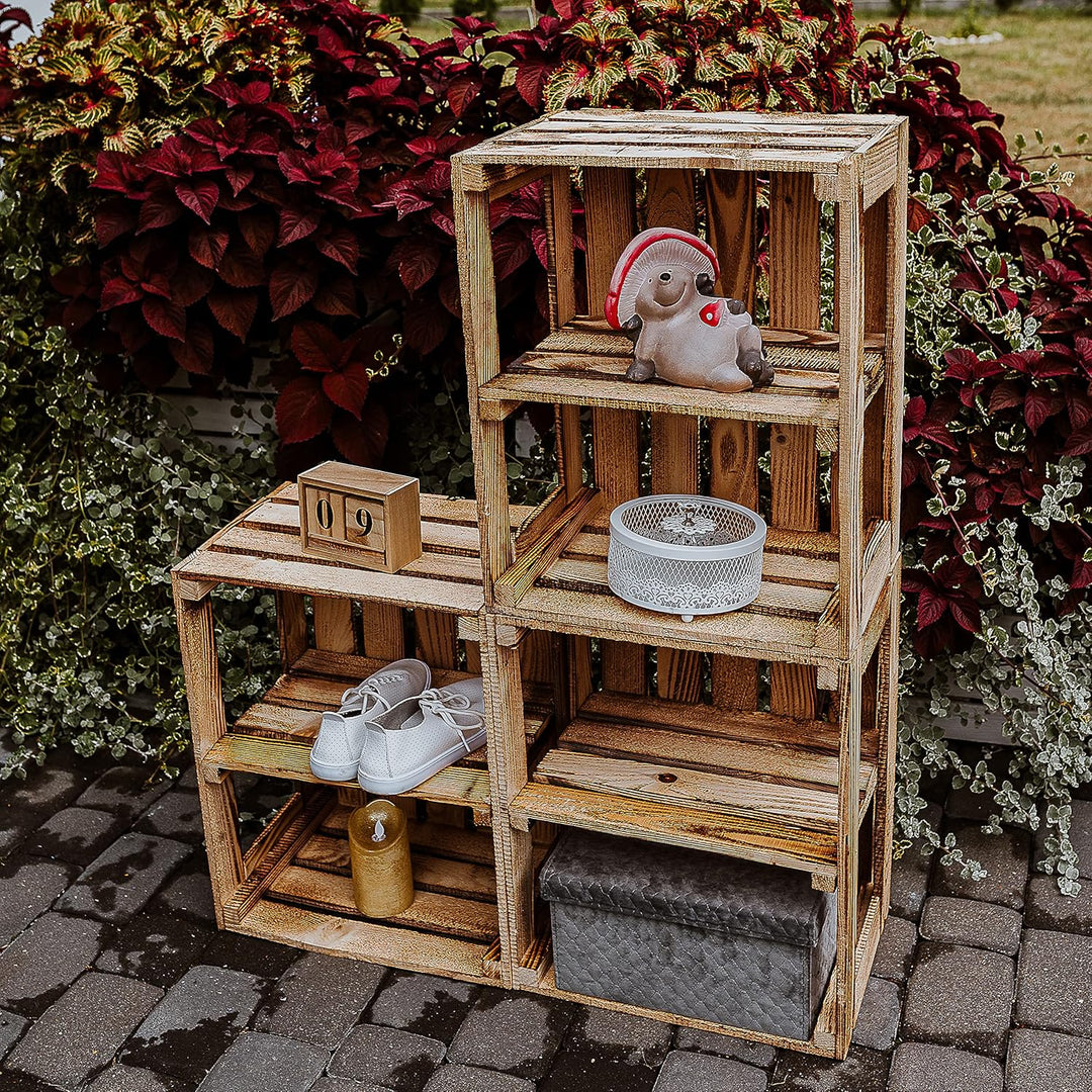 GrandBox Geflammte Holz-Kiste 50x40x30cm 3er Set mit Mittelbrett, Wein-Kiste, Obst-Kiste, Kaminholz-