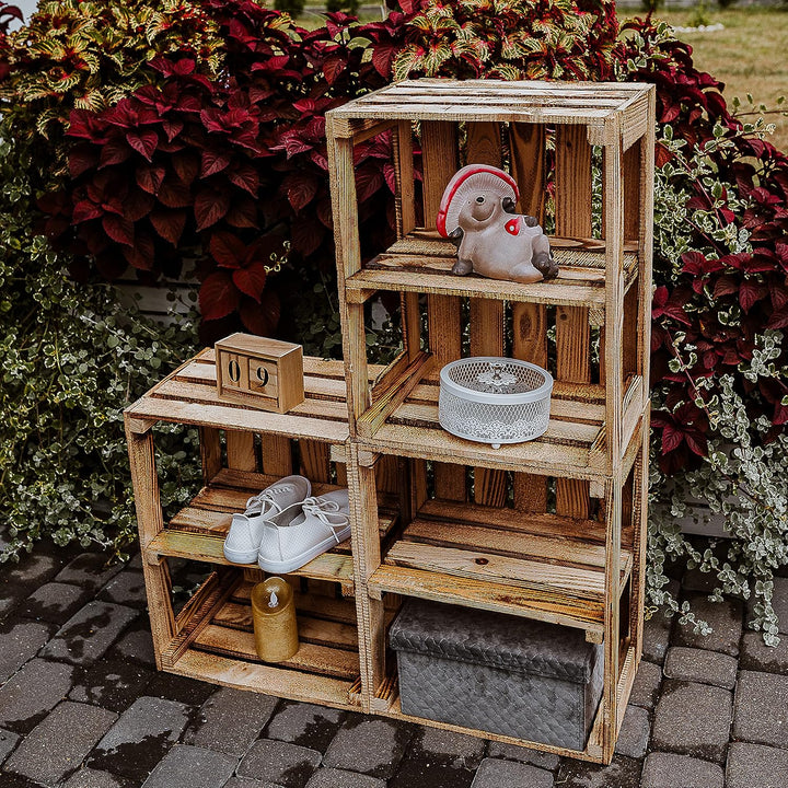 GrandBox Geflammte Holz-Kiste 50x40x30cm 3er Set mit Mittelbrett, Wein-Kiste, Obst-Kiste, Kaminholz-