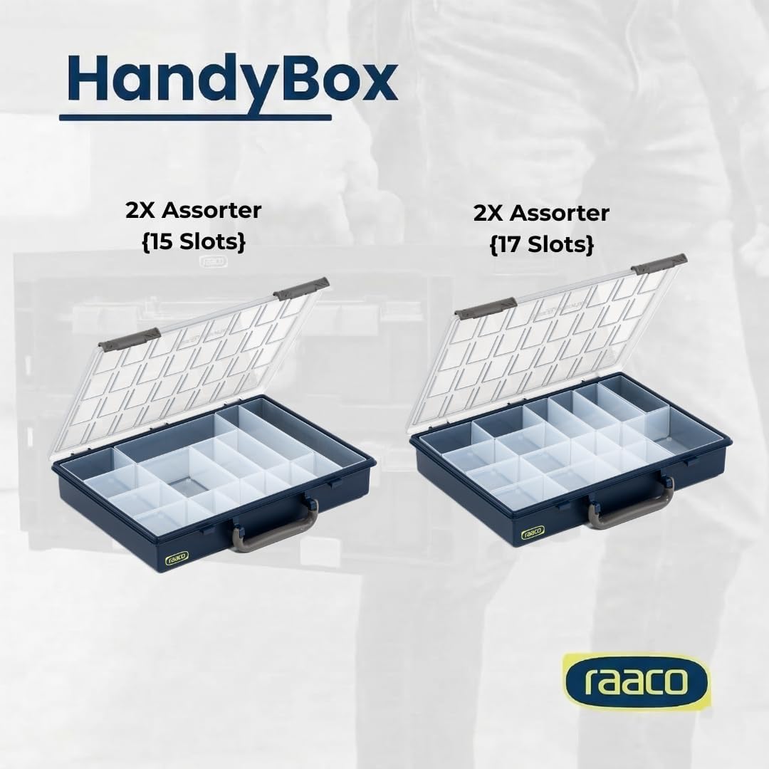 raaco HandyBox 55x4: Sortimentskasten für Werkstatt, Kistenberg mit 4 Sortierkasten für Kleinteile,