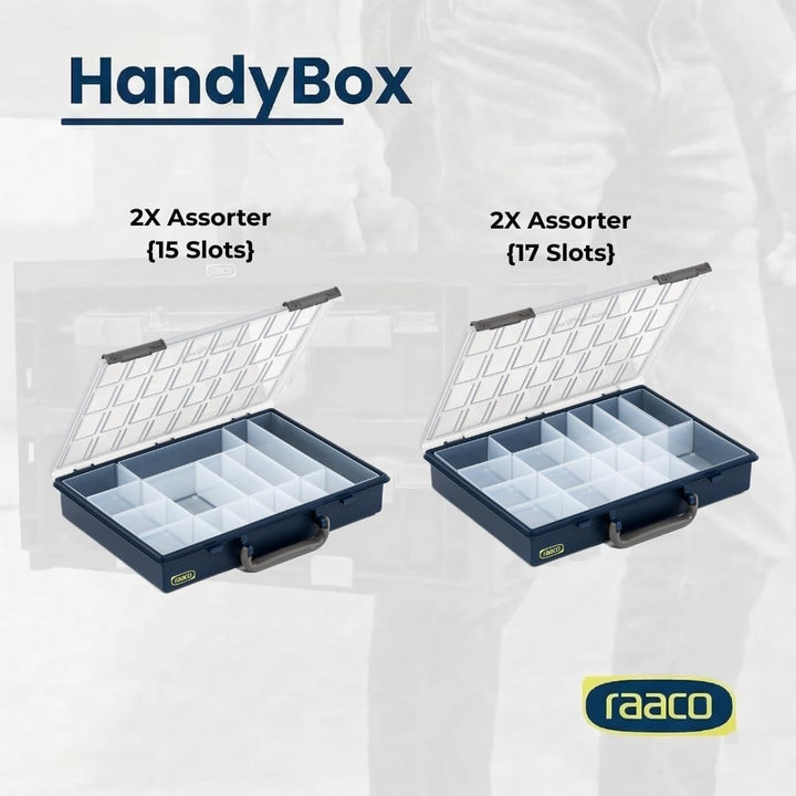 raaco HandyBox 55x4: Sortimentskasten für Werkstatt, Kistenberg mit 4 Sortierkasten für Kleinteile,